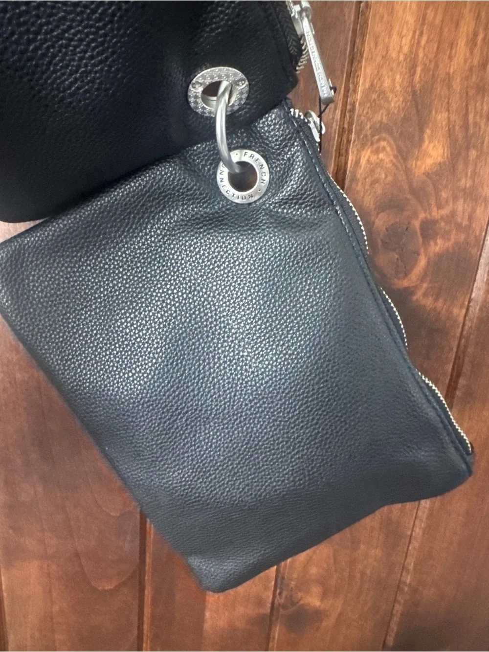 French Connection Black Pebbled Leather Double-Zip Wristlet